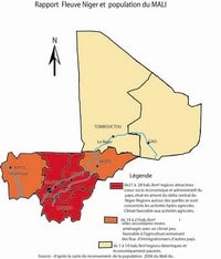Carte du Mali avec la densité de population par habitant et le type de région