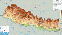Carte du Népal avec l'altitude en mètre et la taille des villes en habitant