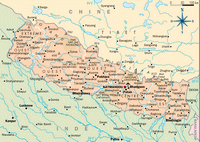 Carte du Népal avec les villes, l'aéroport principal, les sommets montagneux et les rivières