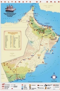 Carte d'Oman avec la distance entre les villes, les attractions touristiques et les réserves naturelles