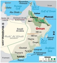Carte d'Oman avec des informations diverses, le relief et les villes