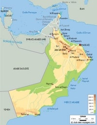 Carte d'Oman avec le relief, l'altitude, les villes et le point culminant