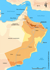 Carte d'Oman avec les villes, la capitale Mascate et le relief