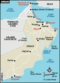 Carte d'Oman avec les villes, les routes, les golfes, le désert de Wahiba et la péninsule de Musandrum