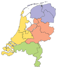 Carte Pays Bas avec les groupes de province : Noord-Nederland, Oost-Nederland, West-Nederland et Zuid-Nederland
