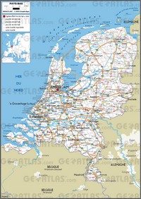 Carte des Pays-Bas avec la taille des villes, les villages, les routes et les autoroutes