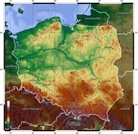 Carte de la Pologne, carte topographique avec le relief, l'altitude et les villes
