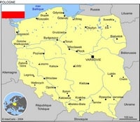 Carte simple de la Pologne avec la localisation en Europe, les villes, le drapeau et l'échelle