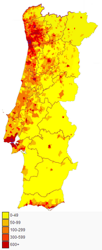 Carte du Portugal avec la densité de population en habitant par km2