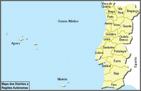 Carte Portugal avec les districts et les régions autonomes des Açores et de Madère
