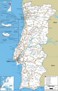 Grande carte routière du Portugal avec les routes, les autoroutes, l'archipel des Açores et l'île de Madère