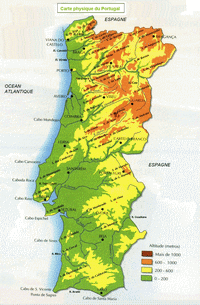 Carte du Portugal physique avec les montagnes et l'altitude en mètre