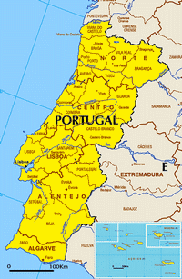 Carte du Portugal avec les régions, les districts et les villes