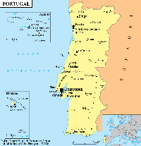Carte du Portugal simple avec les villes, la capitale Lisbonne, les Açores, Madère et la localisation en Europe