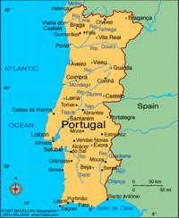 Carte Portugal simple avec les villes, les rivières et l'échelle en miles et en km