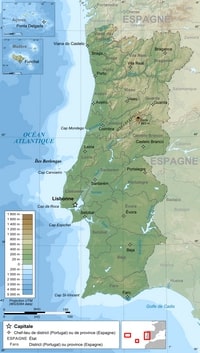 carte Portugal topographie villes relief altitude en mètre
