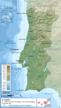 Carte du Portugal avec la topographie, les villes, le relief et l'altitude en mètre