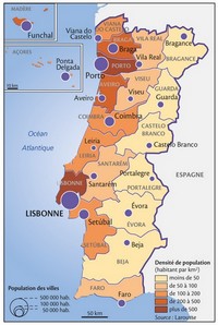 Carte du Portugal avec les villes et la densité de population en habitant par km2