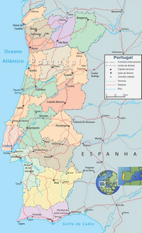 Carte du Portugal avec les villes, les rails, les routes et les rivières