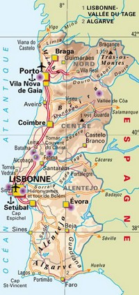 Carte du Portugal avec les villes, les routes, les aéroports, les ports et les sommets montagneux