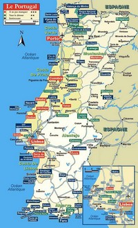 Carte du Portugal avec les villes, les routes, les aéroports et les sites touristiques