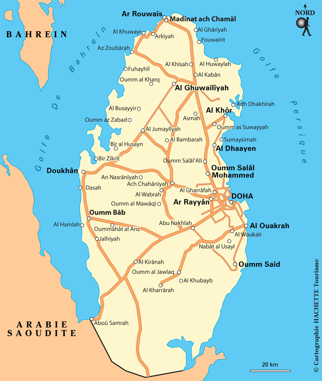Carte du Qatar avec les routes, les villes et les villages
