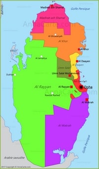 Carte du Qatar avec le nom des régions en couleur