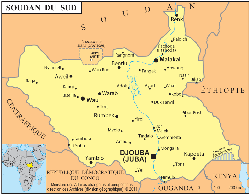 Carte du Soudan du Sud.