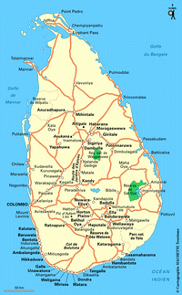Carte du Sri Lanka avec les villes, les routes, les sommets montagneux et les réserves naturelles
