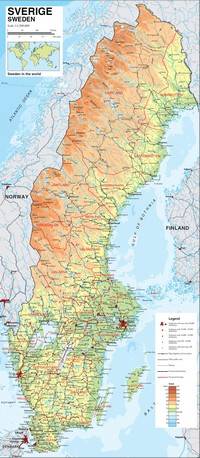 Carte de la Suède carte routière avec les villes, les villages, les routes, les rails et l'altitude