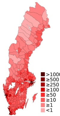 Carte de la Suède avec la densité de population par communes en habitant par km2 en 2007