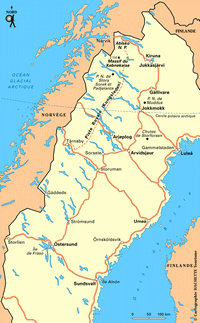 Carte de la Suède nord avec les routes, les villes et la piste royale