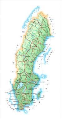 Carte de la Suède carte physique avec les routes, les villes et les chemins de fer