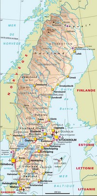 Carte de la Suède avec les routes, les autoroutes, les ports, les aéroports, les lacs et les points culminants