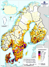 Carte Suède et Scandinavie avec la densité de population en habitant par km2