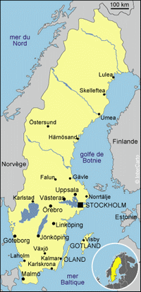 Carte Suede simple avec les villes, la capitale et l'échelle en km