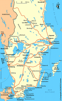 Carte de la Suède sud avec les villes, les routes et les lacs