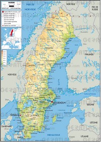 Carte de la Suède avec la taille des villes, les lacs, les rivières, les aéroports et l'altitude