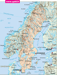Carte Suede avec les villes, les rivières, le relief et les sommets montagneux