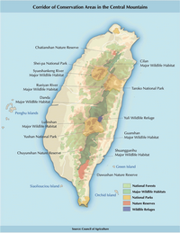 Carte de Taïwan avec les forêts, les parcs nationaux et les réserves naturelles