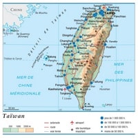 Carte de Taïwan avec les villes, les routes, les autoroutes, les aéroports et les sites touristiques