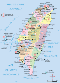 Carte de Taïwan avec les villes, les aéroports et les rivières