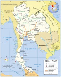 Carte de la Thailande politique avec les régions, les autoroutes, les aéroports