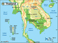 Carte de la Thailande avec le relief, les rivières et l'altitude en mètre et en feet