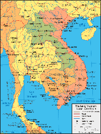 Carte de la Thailande avec les routes principales, secondaires, les rivières et les villes