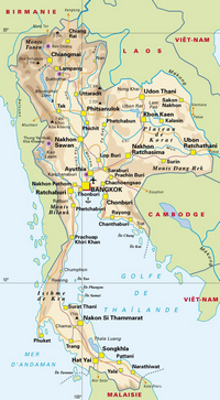 Carte de la Thailande avec les villes, les routes, l'aéroport, le port, les montagnes, les lacs et les sommets montagneux