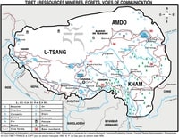 Carte du Tibet avec les villes, les routes, les ressources minières et énergétiques
