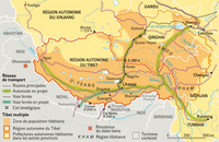 Carte du Tibet avec les villes, les routes, les voies ferrées de train et les territoires contestés