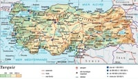 Carte Turquie avec l'altitude, les routes, les autoroutes, les sites touristiques et la taille des villes