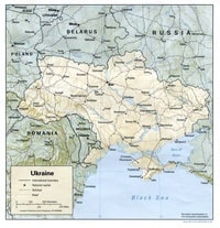 Carte de l'Ukraine avec la capitale, les routes, les chemins de fer et l'échelle en miles et en km